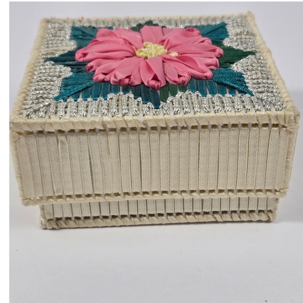 Handmade Servanda Ribbon Embroidery Trinket Box  Floral Plastic Canvas Square
